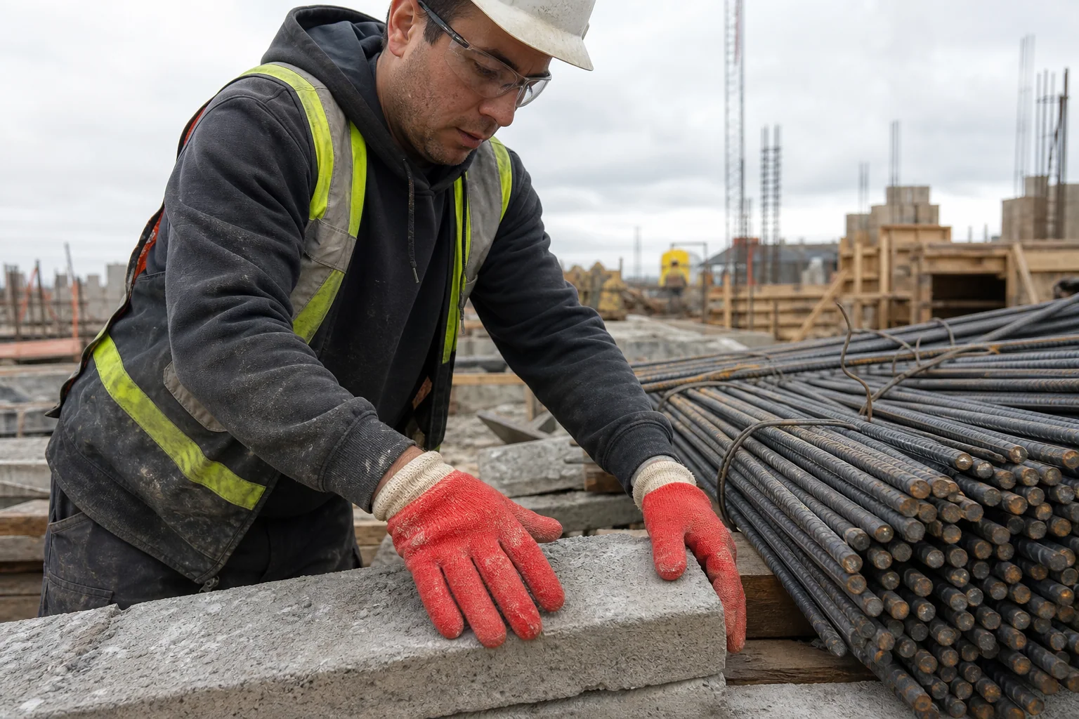 Construction worker handling concrete and rebar with coated work gloves