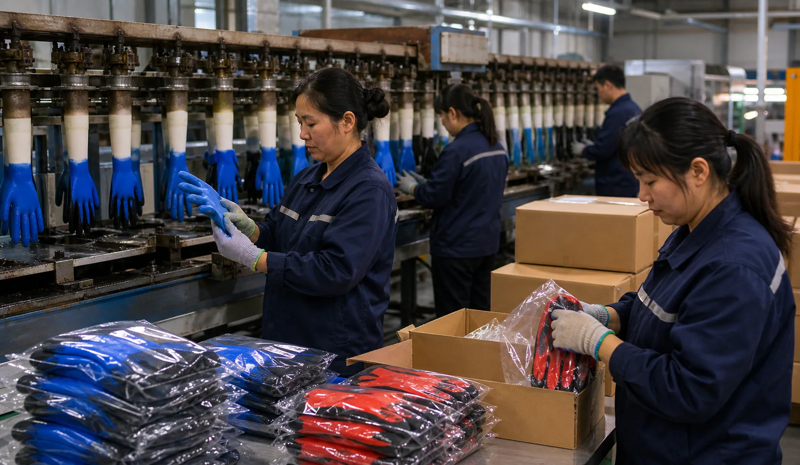 Illustrative coated work glove production and private-label packing environment