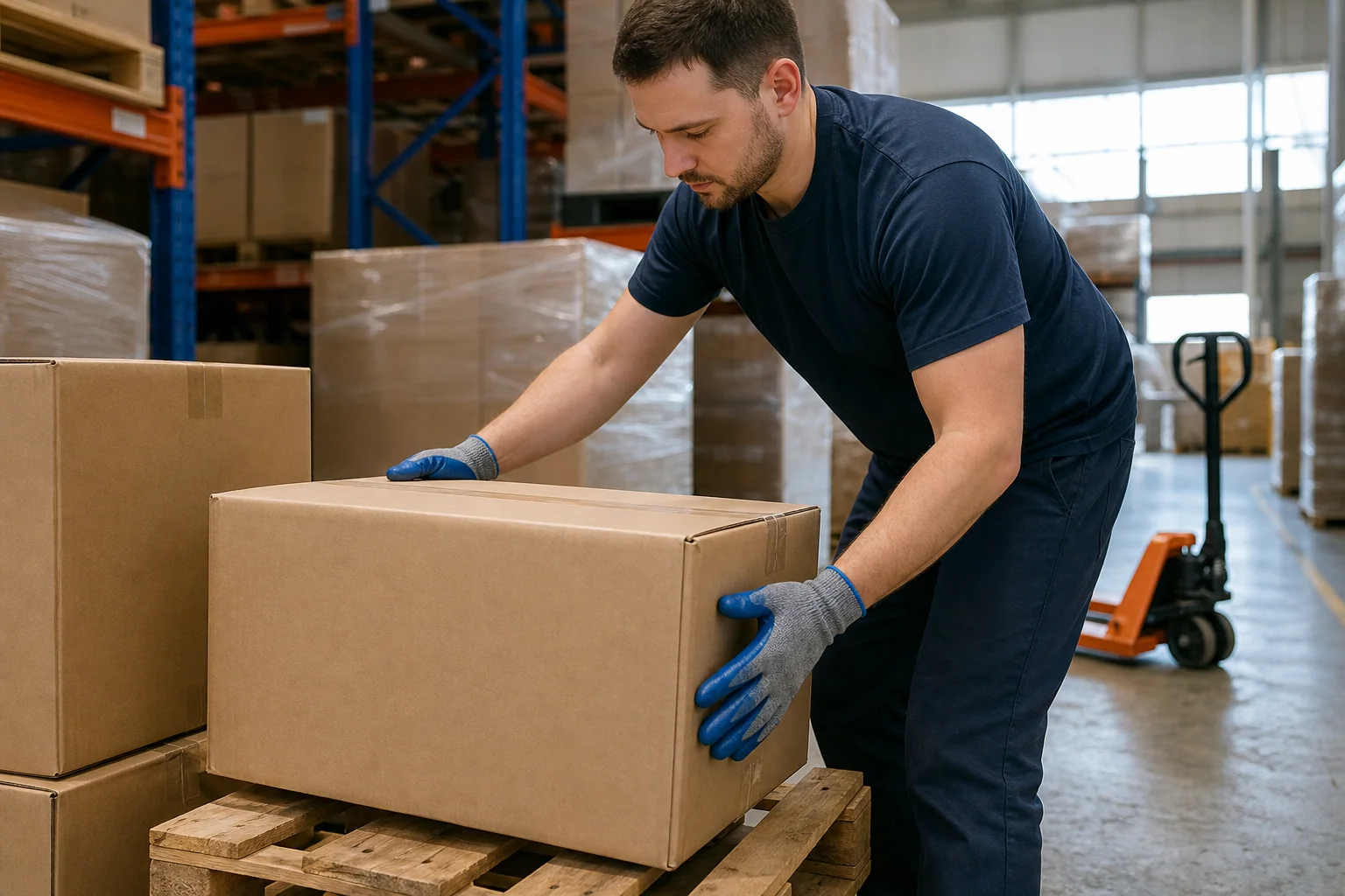 Warehouse worker moving cartons with coated work gloves