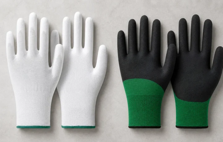 13-gauge PU palm-coated gloves and 15-gauge foam nitrile gloves shown side by side