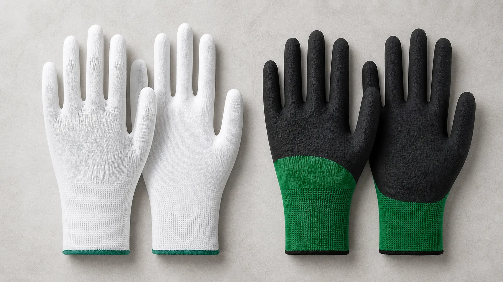 13-gauge PU palm-coated gloves and 15-gauge foam nitrile gloves shown side by side
