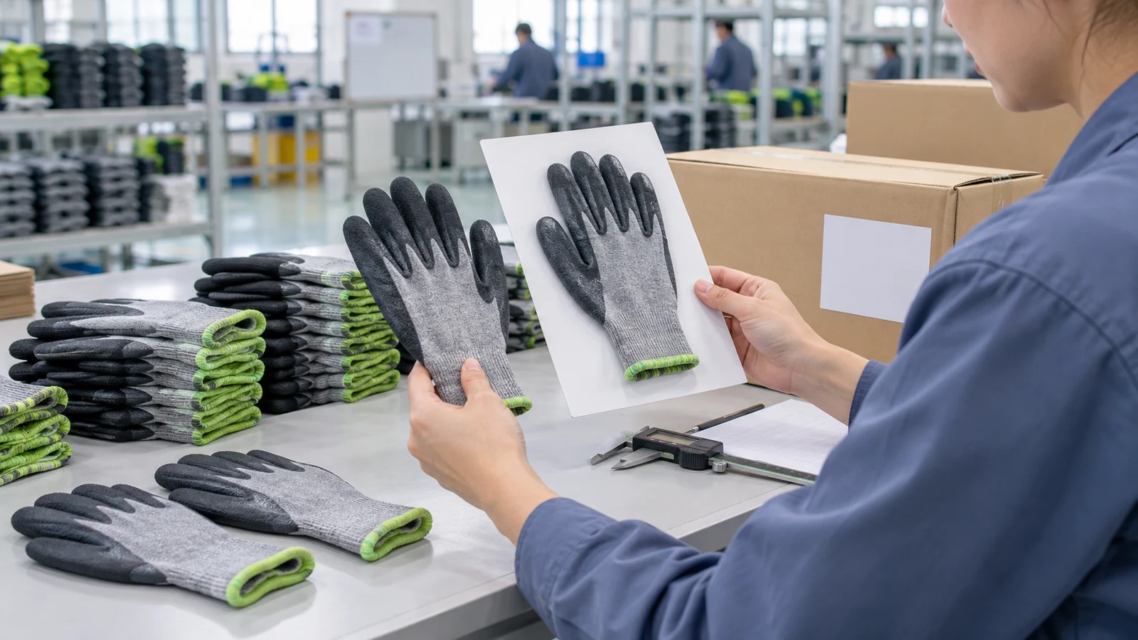 Quality inspector comparing coated work gloves with an approved reference at a packing table