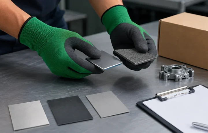 Worker evaluating metal-handling samples while wearing FG-NF01 foam nitrile coated gloves