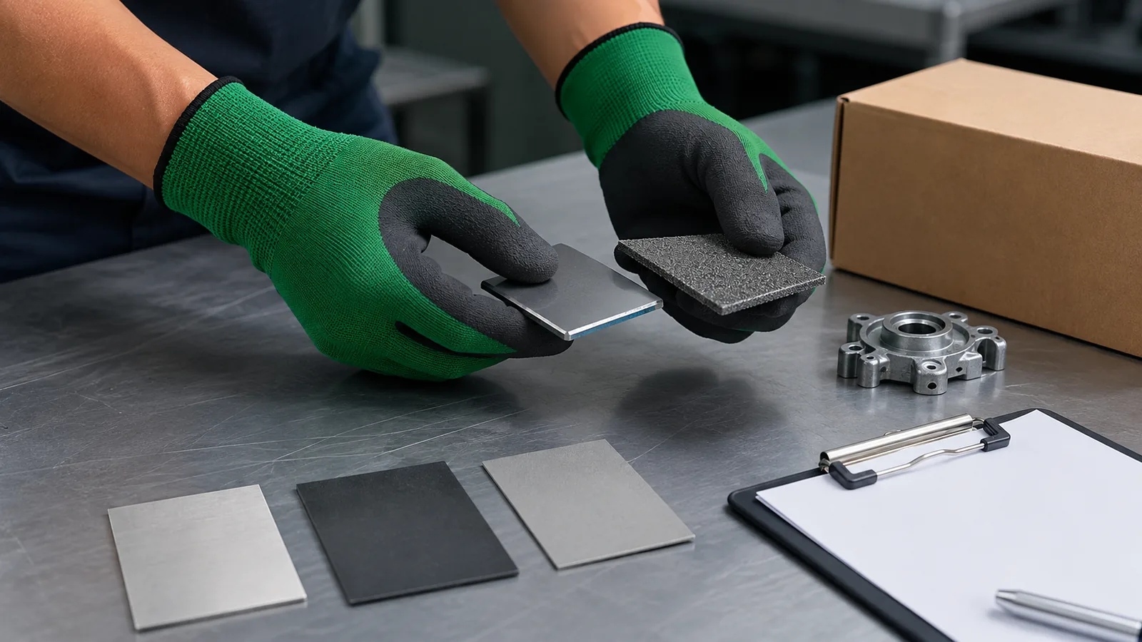 Worker evaluating metal-handling samples while wearing FG-NF01 foam nitrile coated gloves