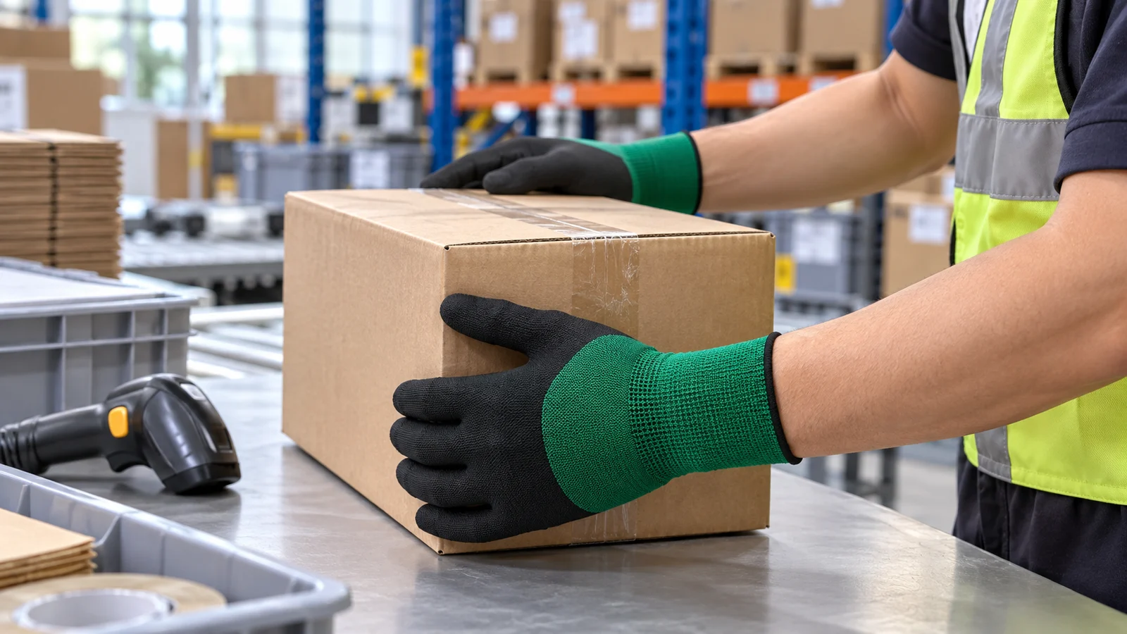 Warehouse worker handling a carton while wearing green knit black foam nitrile palm-coated gloves