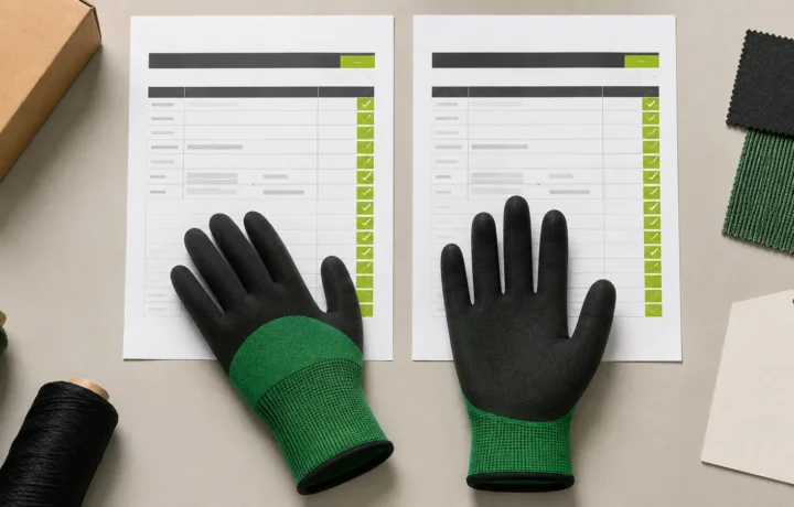 Two coated work glove quotation sheets compared beside FG-NF01 foam nitrile gloves