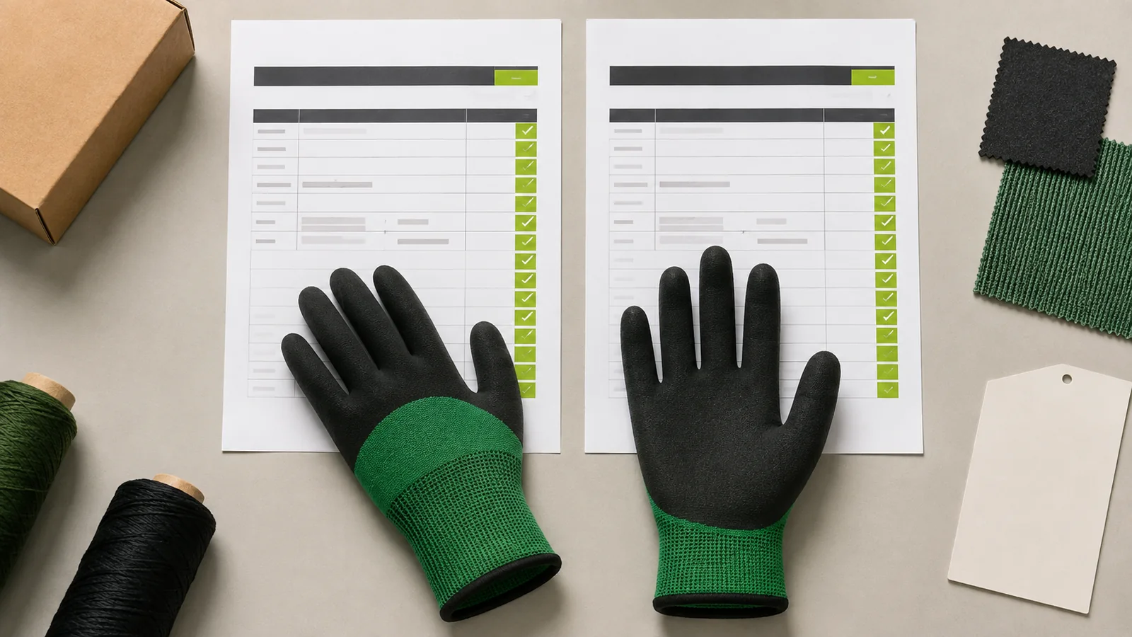 Two coated work glove quotation sheets compared beside FG-NF01 foam nitrile gloves