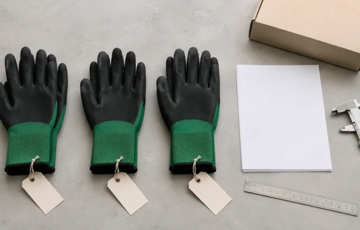 Three tagged FG-NF01 foam nitrile glove samples arranged for buyer approval