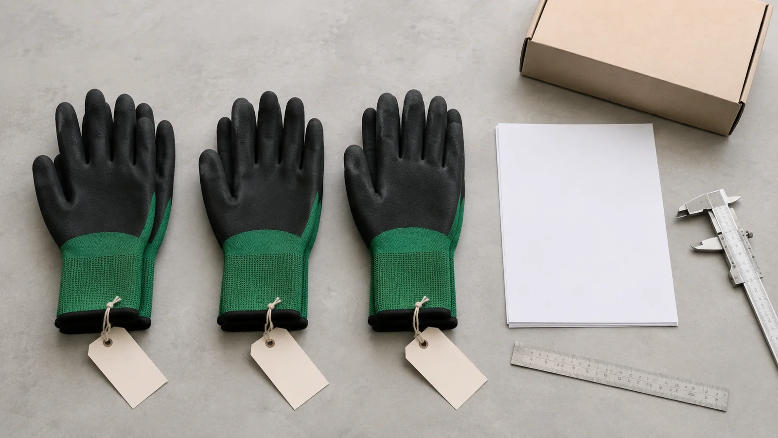 Three tagged FG-NF01 foam nitrile glove samples arranged for buyer approval