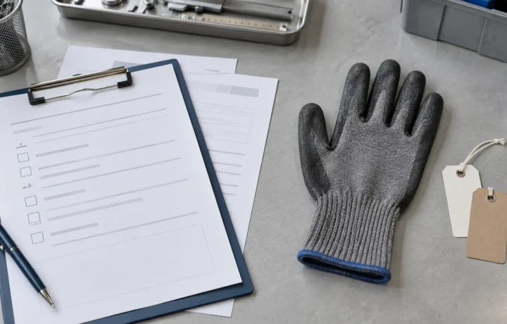 Generic coated work glove beside blank importer document review sheets