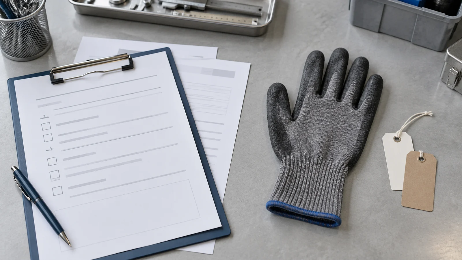 Generic coated work glove beside blank importer document review sheets