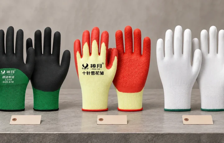 Three approved coated work glove constructions arranged for a buyer sample comparison