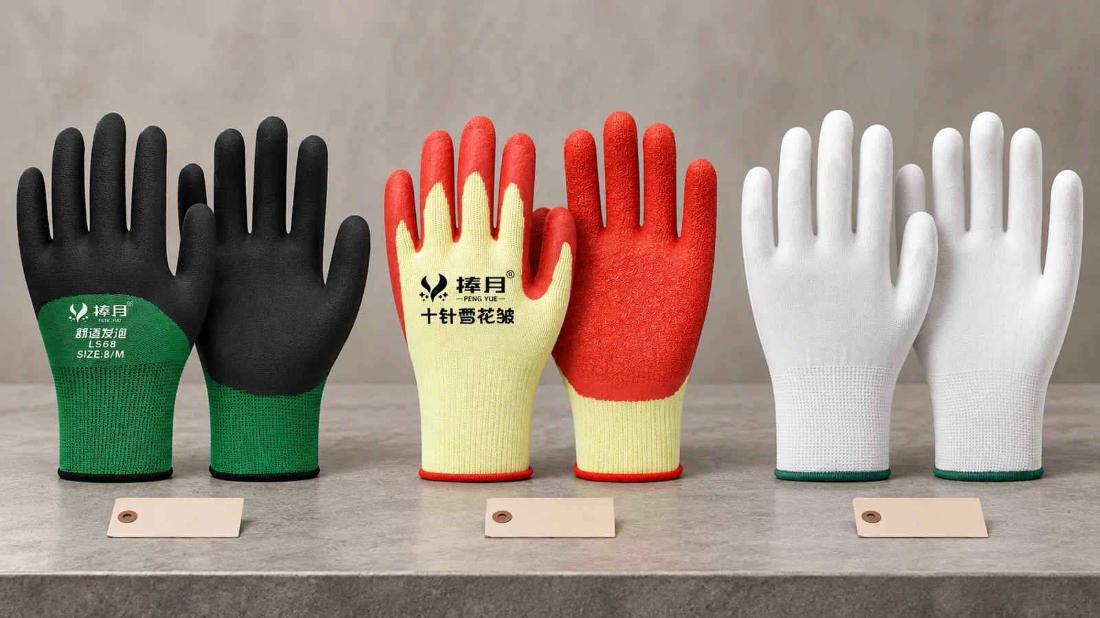 Three approved coated work glove constructions arranged for a buyer sample comparison