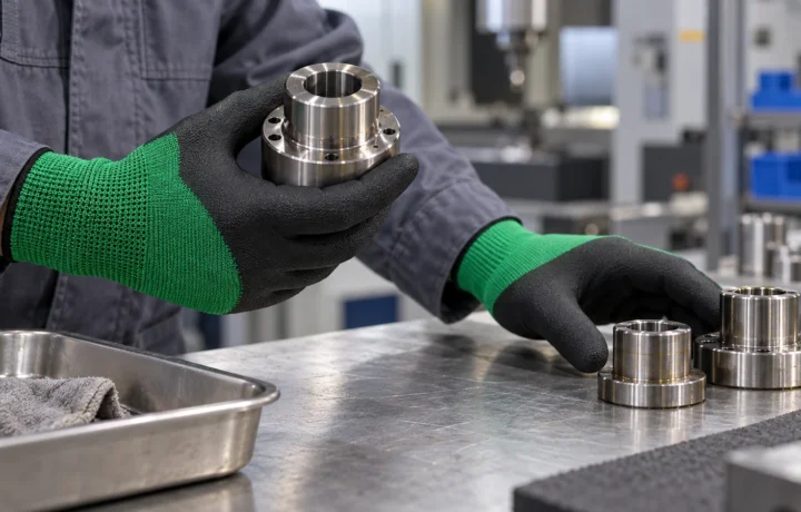 Worker using FG-NF01-style foam nitrile palm-coated gloves to evaluate lightly oily machined metal parts