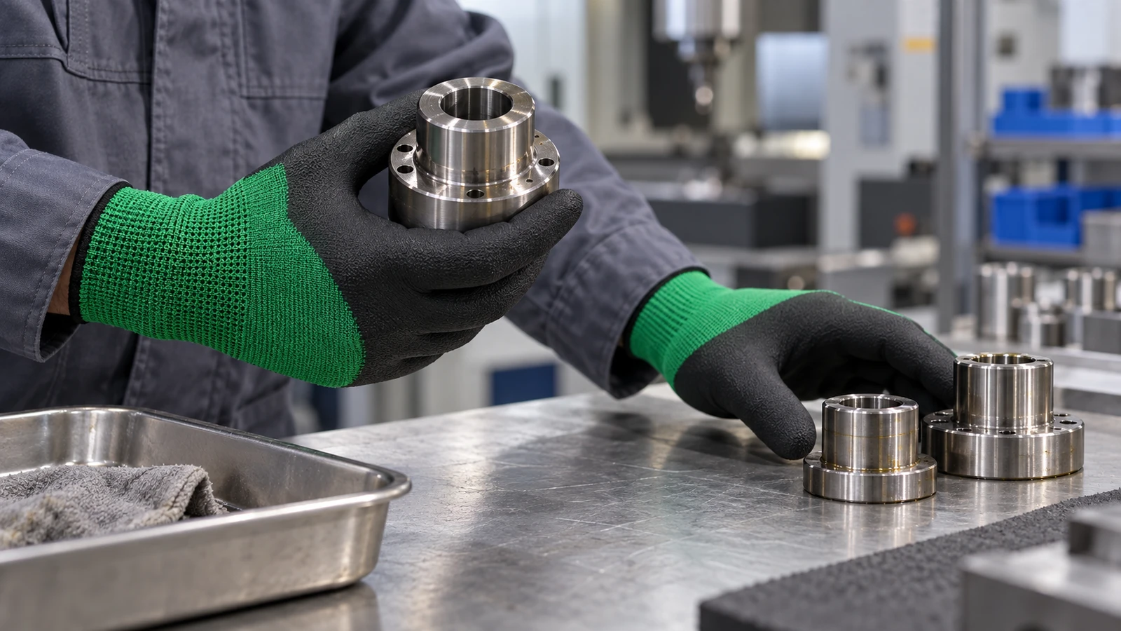 Worker using FG-NF01-style foam nitrile palm-coated gloves to evaluate lightly oily machined metal parts