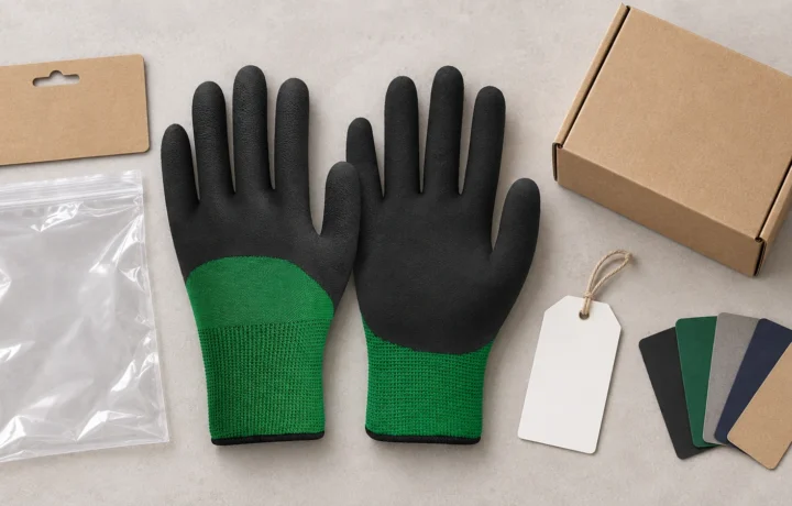 FG-NF01 foam nitrile gloves beside blank private-label packaging components