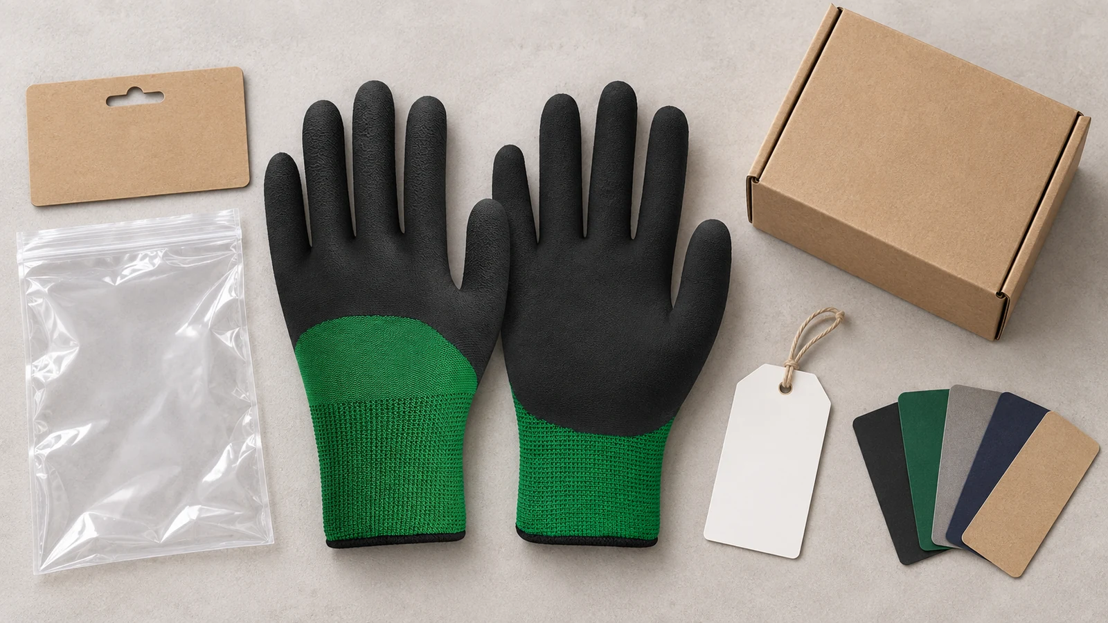 FG-NF01 foam nitrile gloves beside blank private-label packaging components