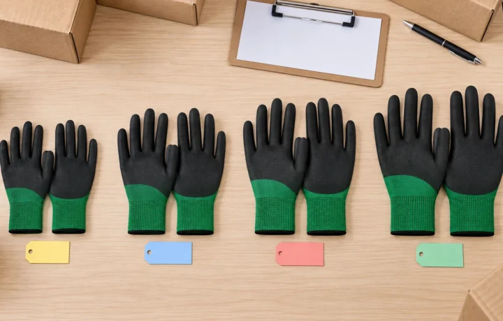 Four FG-NF01 foam nitrile glove pairs arranged as a coordinated size run