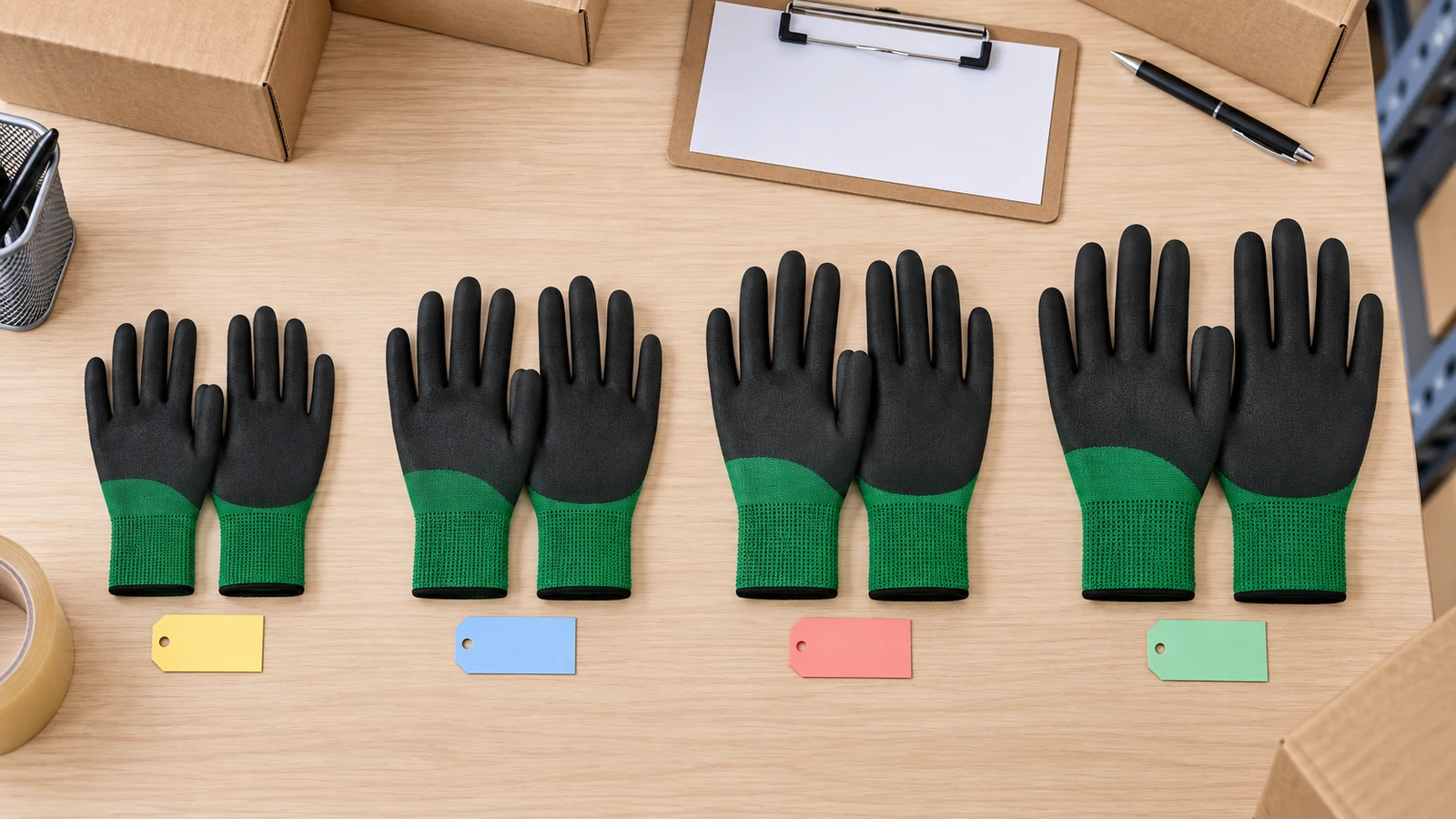 Four FG-NF01 foam nitrile glove pairs arranged as a coordinated size run